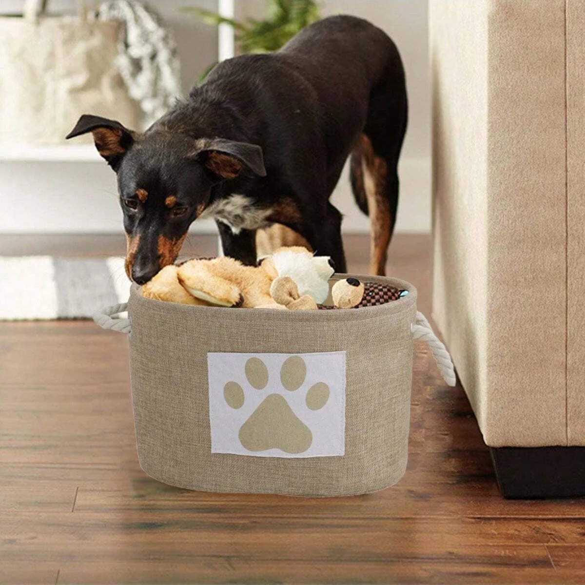 1pc-Striped Foldable Pet Toy Basket with Braided Rope Handle - Dog Toy Storage Box Accessories