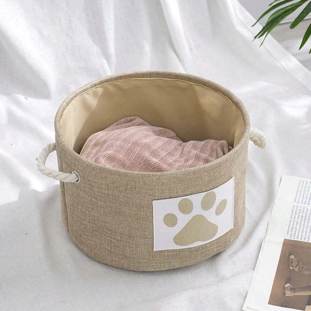 1pc-Striped Foldable Pet Toy Basket with Braided Rope Handle - Dog Toy Storage Box Accessories