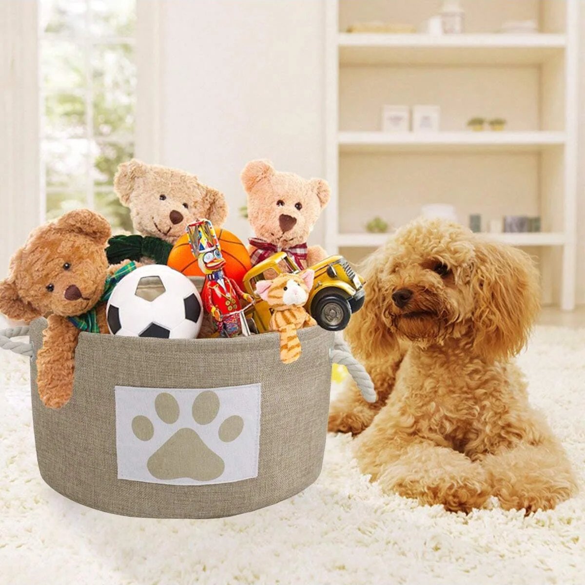 1pc-Striped Foldable Pet Toy Basket with Braided Rope Handle - Dog Toy Storage Box Accessories