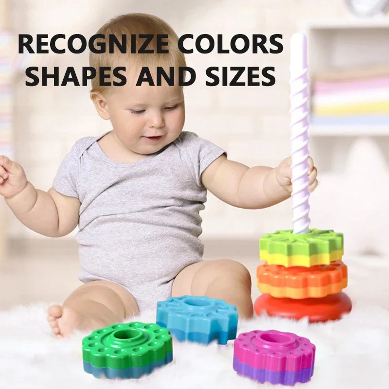 Baby cognition rainbow spinning tower toy funny Montessori early education geometric ring stacking block Sensory Toy for Toddler