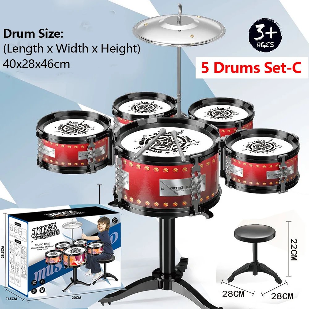 Children's Jazz Drum Set 3 drums/5 small stools Drum Stick Set Children's Music Development Intelligence Education Toy Gifts