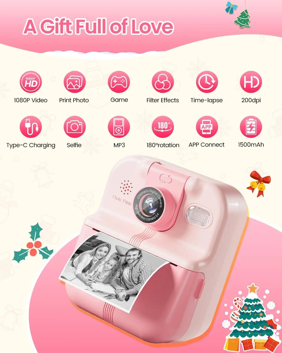 Bluetooth Kids Camera Instant Print Photo 1080P Mini Toddler Camera for Boys Girls DIY Instant Print Toys With 32G SD Card