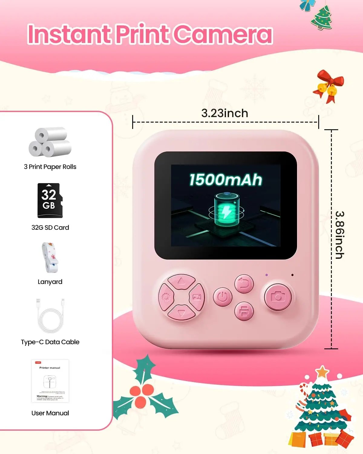 Bluetooth Kids Camera Instant Print Photo 1080P Mini Toddler Camera for Boys Girls DIY Instant Print Toys With 32G SD Card