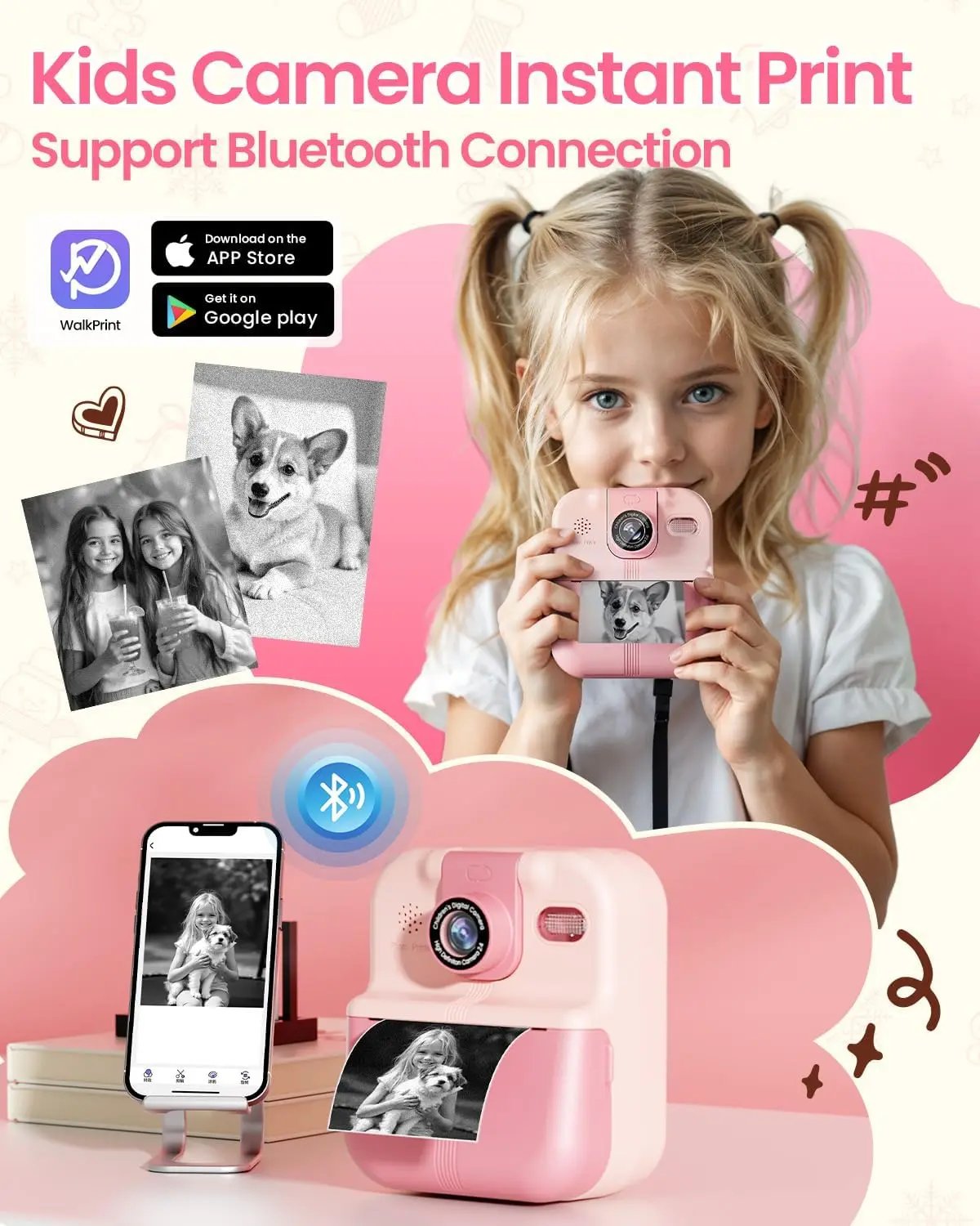 Bluetooth Kids Camera Instant Print Photo 1080P Mini Toddler Camera for Boys Girls DIY Instant Print Toys With 32G SD Card