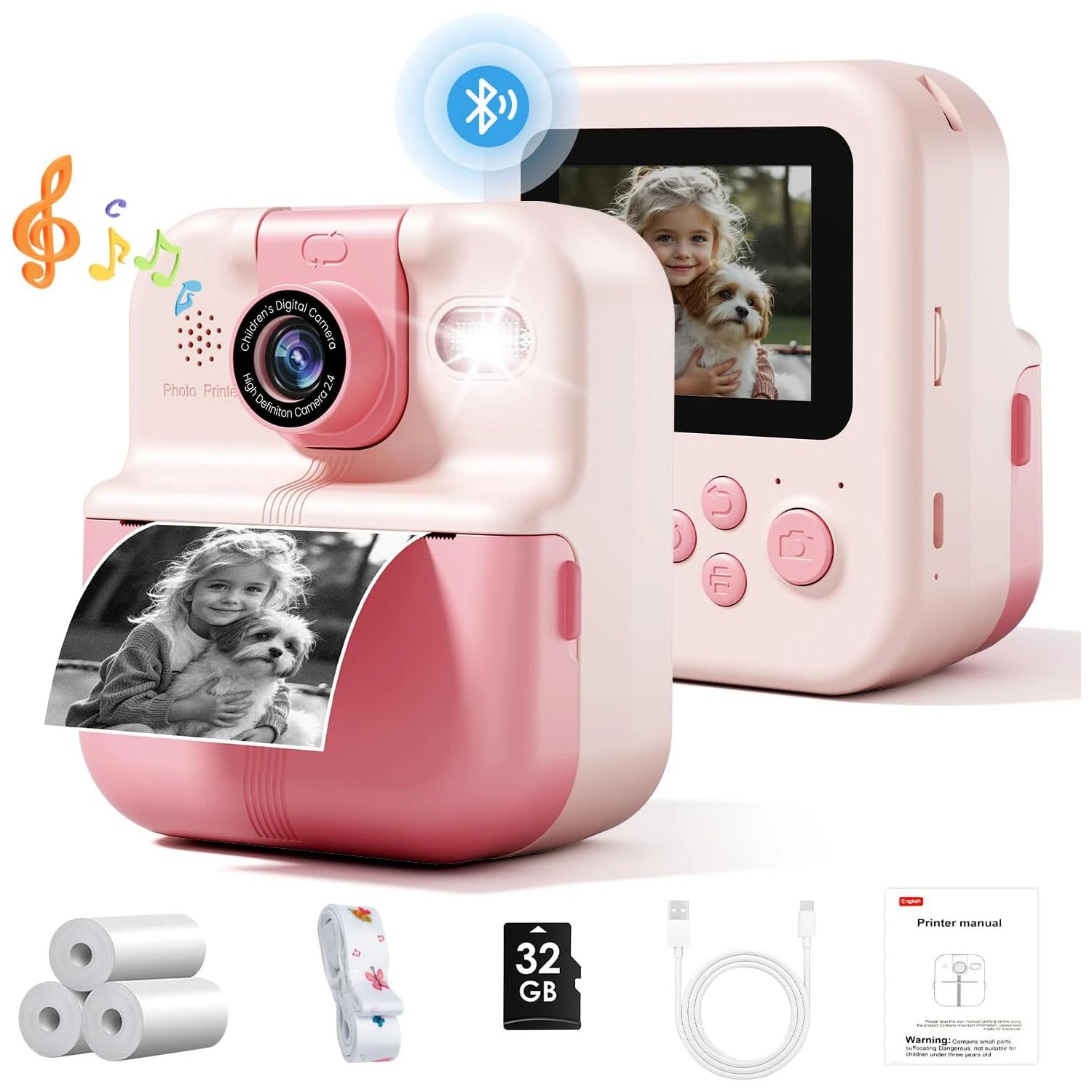 Bluetooth Kids Camera Instant Print Photo 1080P Mini Toddler Camera for Boys Girls DIY Instant Print Toys With 32G SD Card Bluetooth Kids Camera Instant Print Photo 1080P Mini Toddler Camera for Boys Girls DIY Instant Print Toys With 32G SD Card