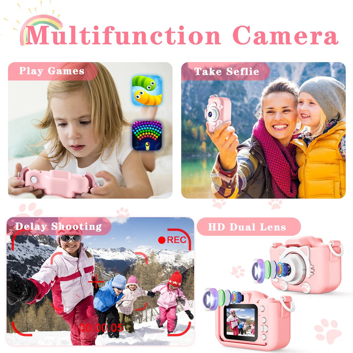 Cute Cat Children Cameras With 32G Card Silicone Cases Dual Cameras Kids Photography HD Video Camera Toys Festivals Gifts Cute Cat Children Cameras With 32G Card Silicone Cases Dual Cameras Kids Photography HD Video Camera Toys Festivals Gifts