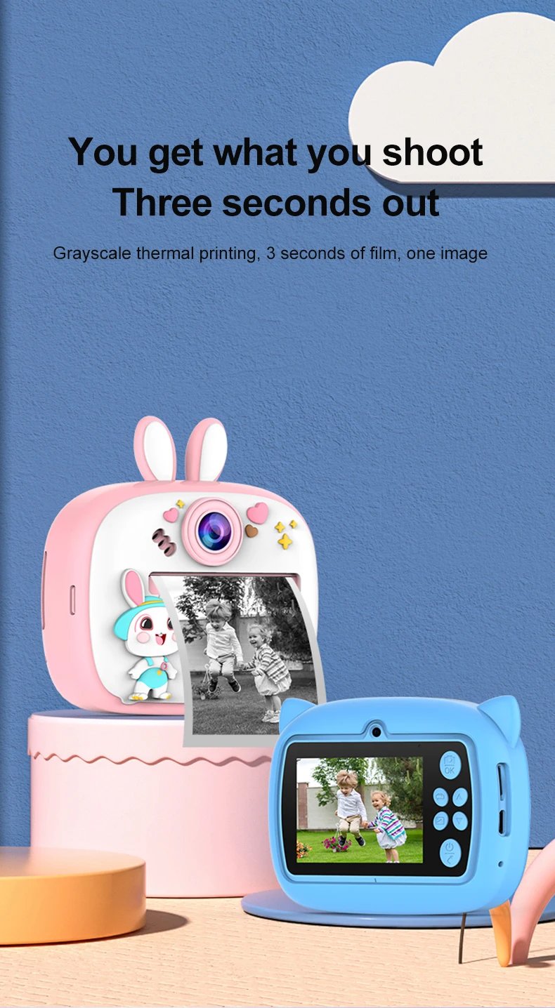 Kids Digital Camera Instant Print Kids Thermal Print Camera Instant Photo Print Camera Video Toy +32G memory card gift
