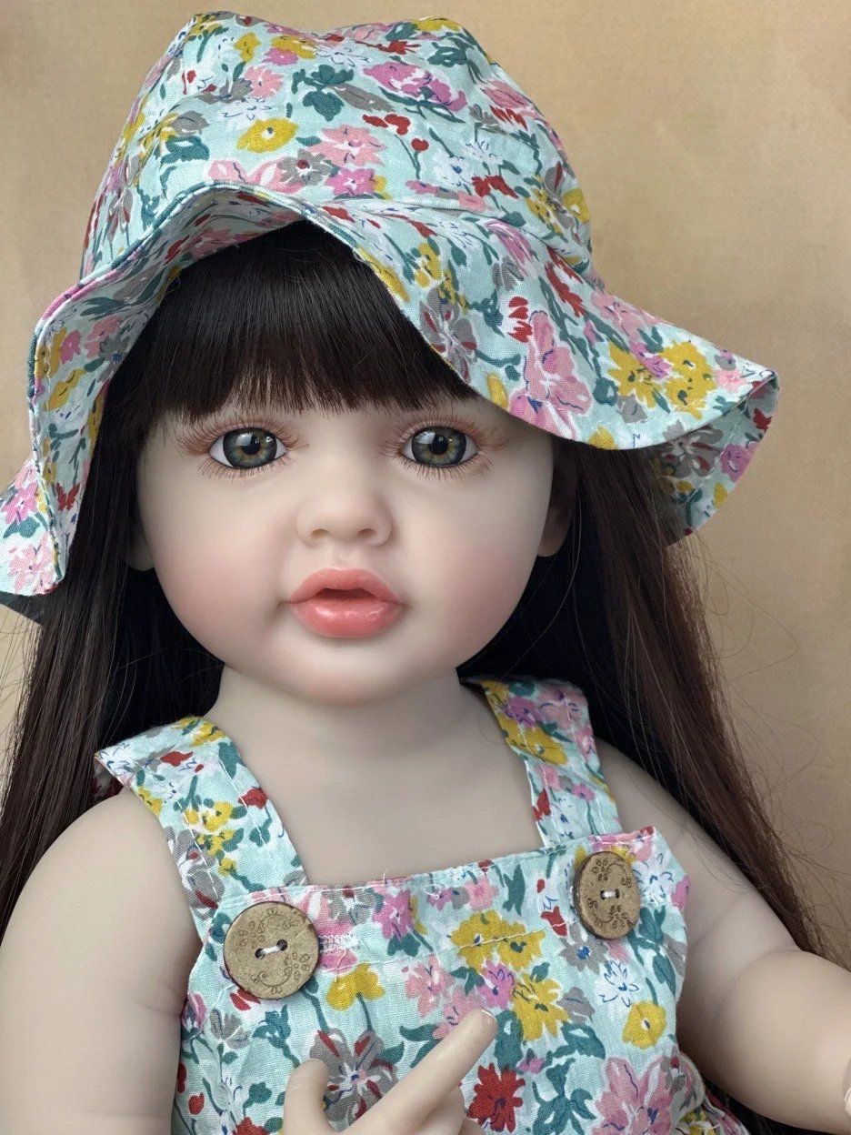 22Inch Cuddly Full Body Silicone Vinyl Bebe Reborn Girl With Long Hair Handmade Lifelike Realistic Reborn Baby Girl Birthday Toy