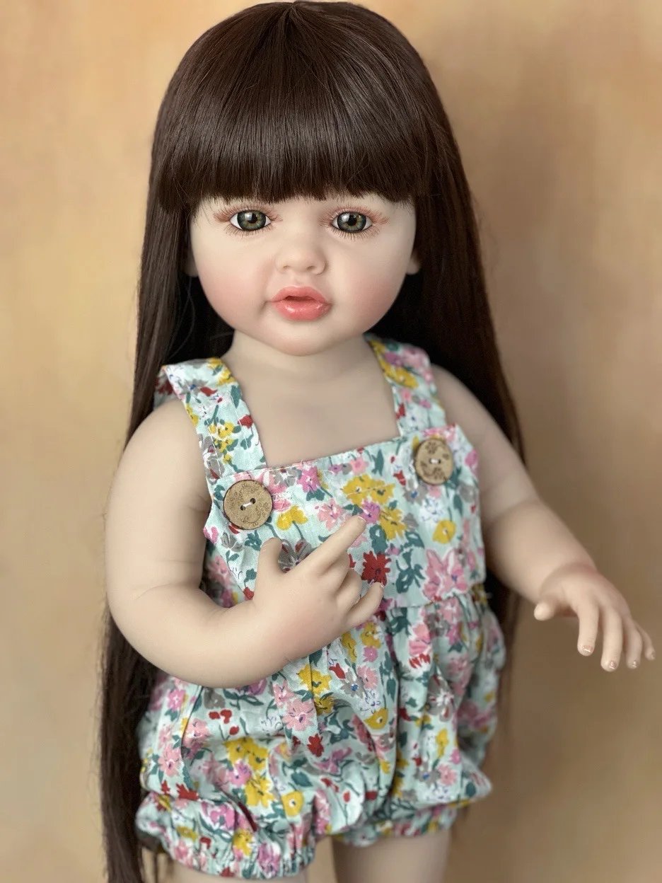 22Inch Cuddly Full Body Silicone Vinyl Bebe Reborn Girl With Long Hair Handmade Lifelike Realistic Reborn Baby Girl Birthday Toy
