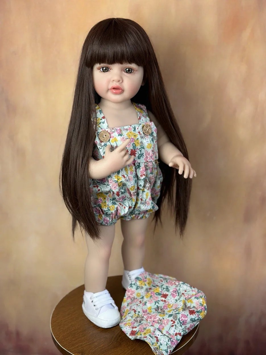 22Inch Cuddly Full Body Silicone Vinyl Bebe Reborn Girl With Long Hair Handmade Lifelike Realistic Reborn Baby Girl Birthday Toy