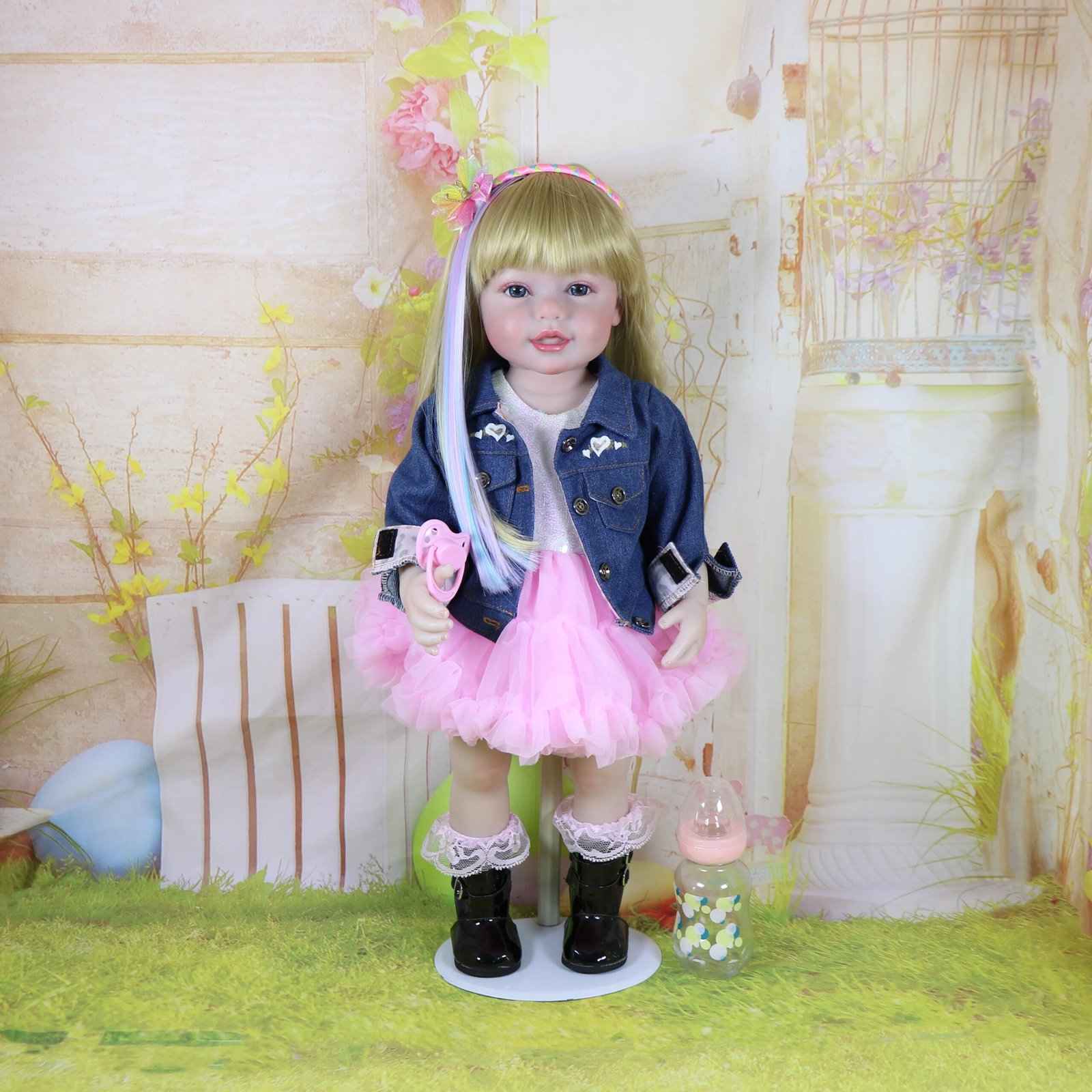 Reborn Toddler Stand Doll -22 inch Fashions Girl with 3D Painted Skin on face  full vinyl with Blonde wigs Christmas Gift