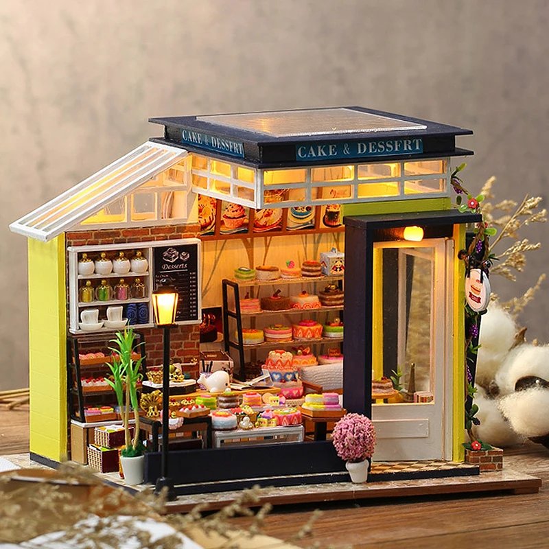 Cake shop Doll House Mini DIY Small Kit Building Assembly Model DIY Handmade 3D Puzzle Kit With LED Toy For Kids Gifts DollHouse