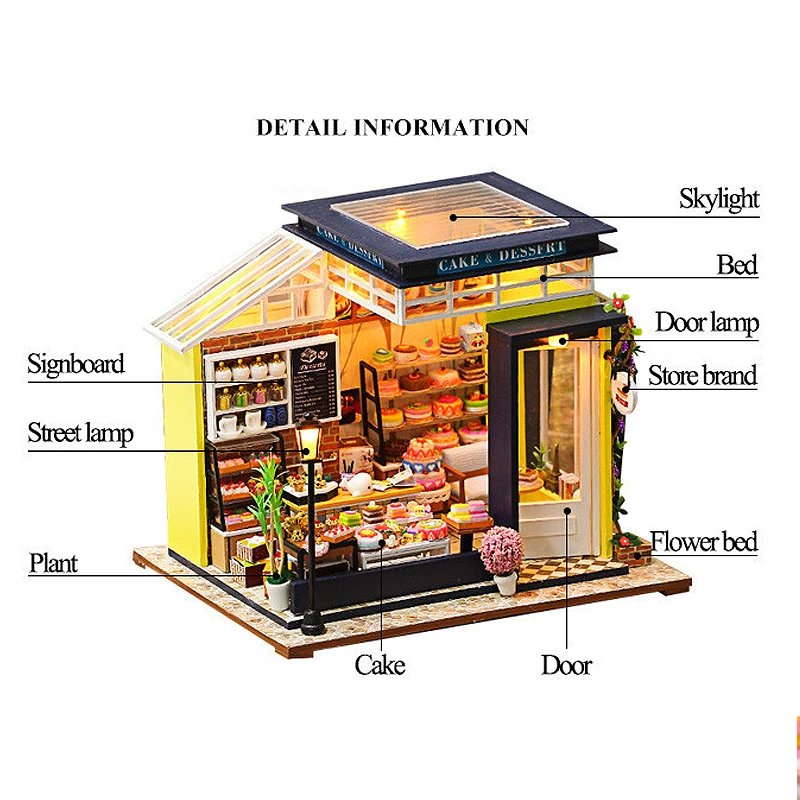Cake shop Doll House Mini DIY Small Kit Building Assembly Model DIY Handmade 3D Puzzle Kit With LED Toy For Kids Gifts DollHouse