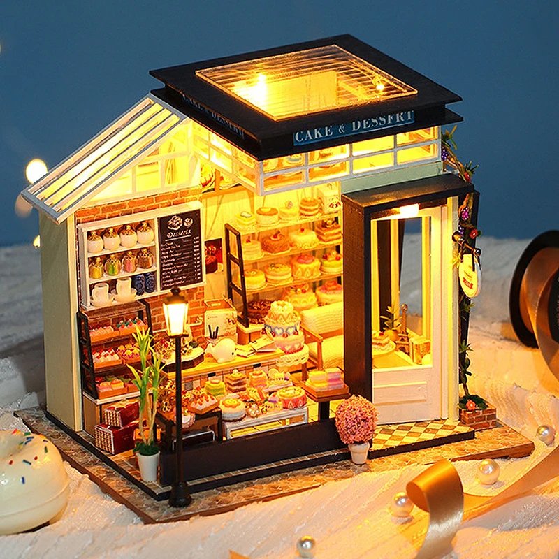 Cake shop Doll House Mini DIY Small Kit Building Assembly Model DIY Handmade 3D Puzzle Kit With LED Toy For Kids Gifts DollHouse