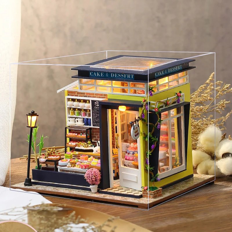 Cake shop Doll House Mini DIY Small Kit Building Assembly Model DIY Handmade 3D Puzzle Kit With LED Toy For Kids Gifts DollHouse