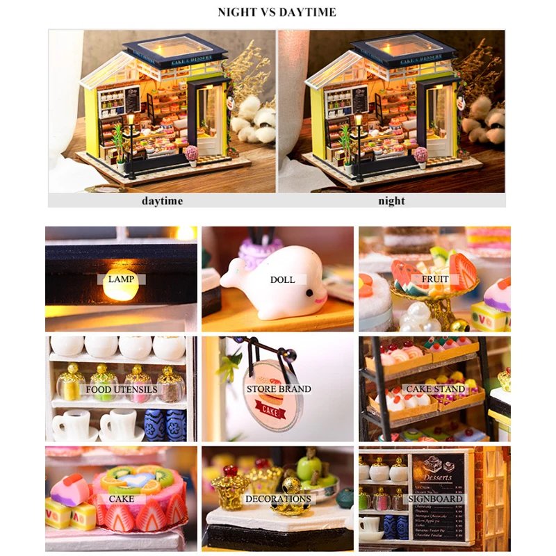Cake shop Doll House Mini DIY Small Kit Building Assembly Model DIY Handmade 3D Puzzle Kit With LED Toy For Kids Gifts DollHouse