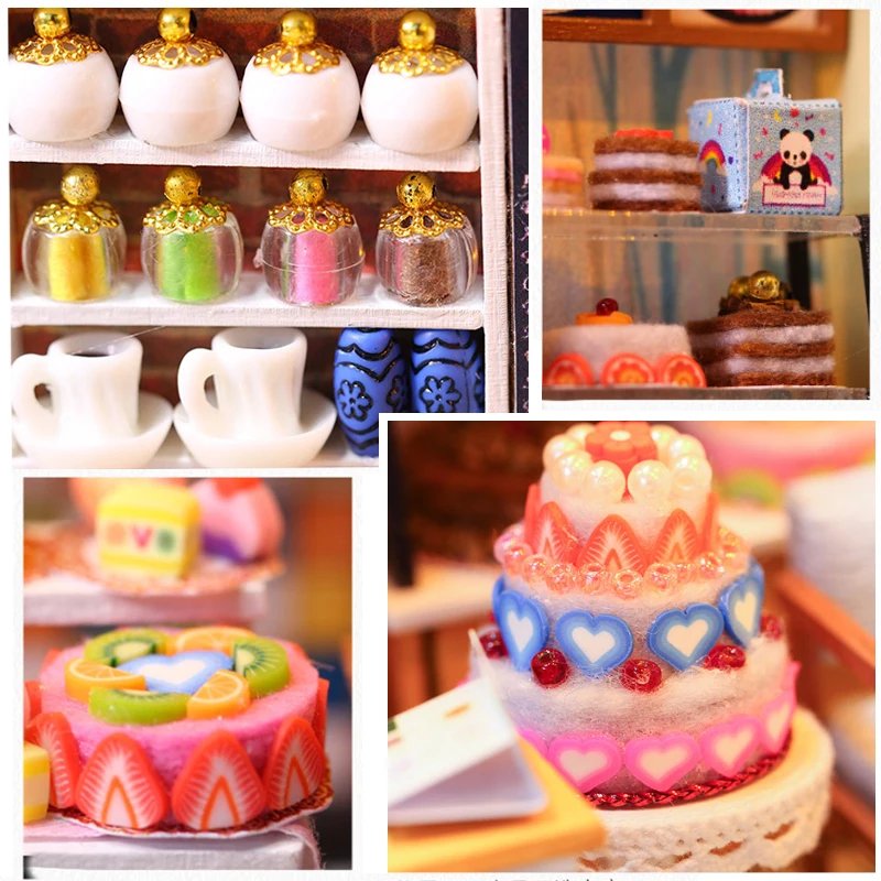 Cake shop Doll House Mini DIY Small Kit Building Assembly Model DIY Handmade 3D Puzzle Kit With LED Toy For Kids Gifts DollHouse