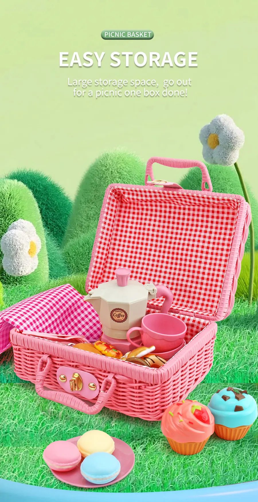 The little girl pretends to play with a picnic basket, tea party set, tea set including coffee machine, cookies, cake, game food