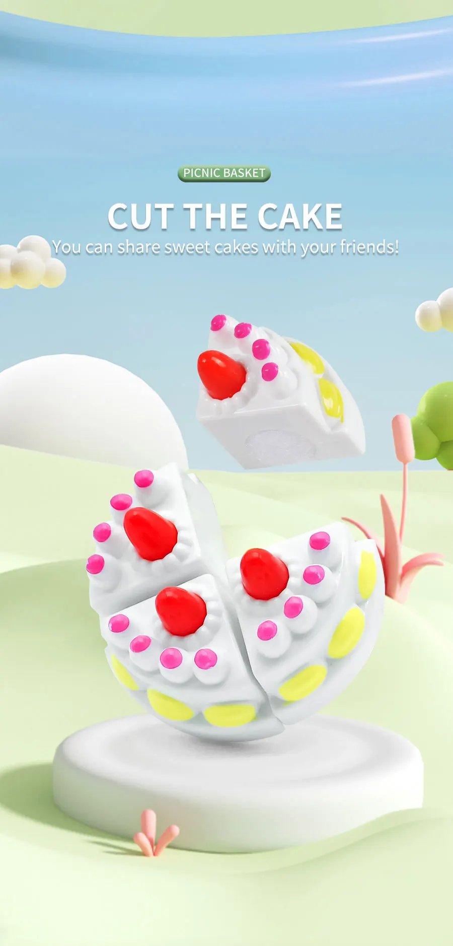 The little girl pretends to play with a picnic basket, tea party set, tea set including coffee machine, cookies, cake, game food