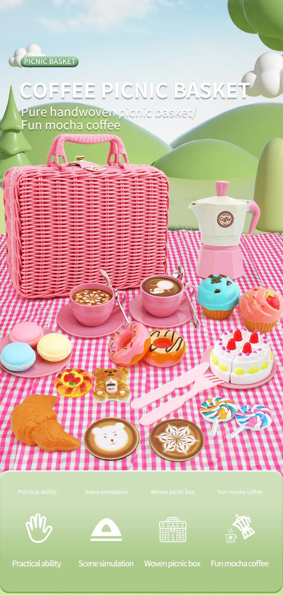 The little girl pretends to play with a picnic basket, tea party set, tea set including coffee machine, cookies, cake, game food