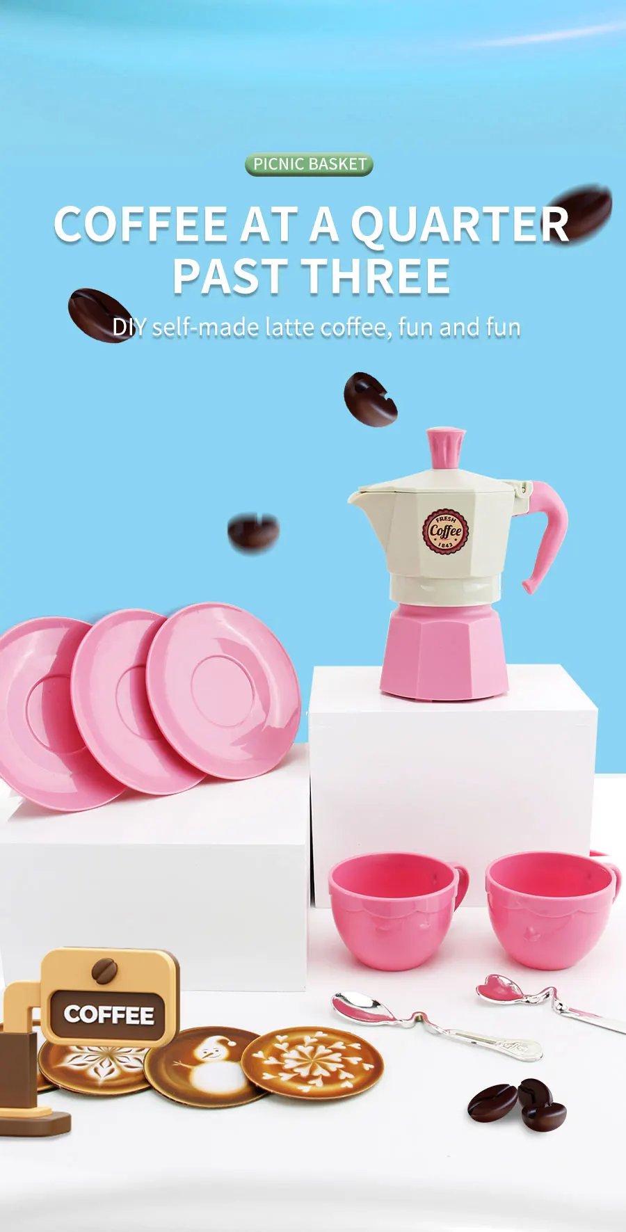 The little girl pretends to play with a picnic basket, tea party set, tea set including coffee machine, cookies, cake, game food