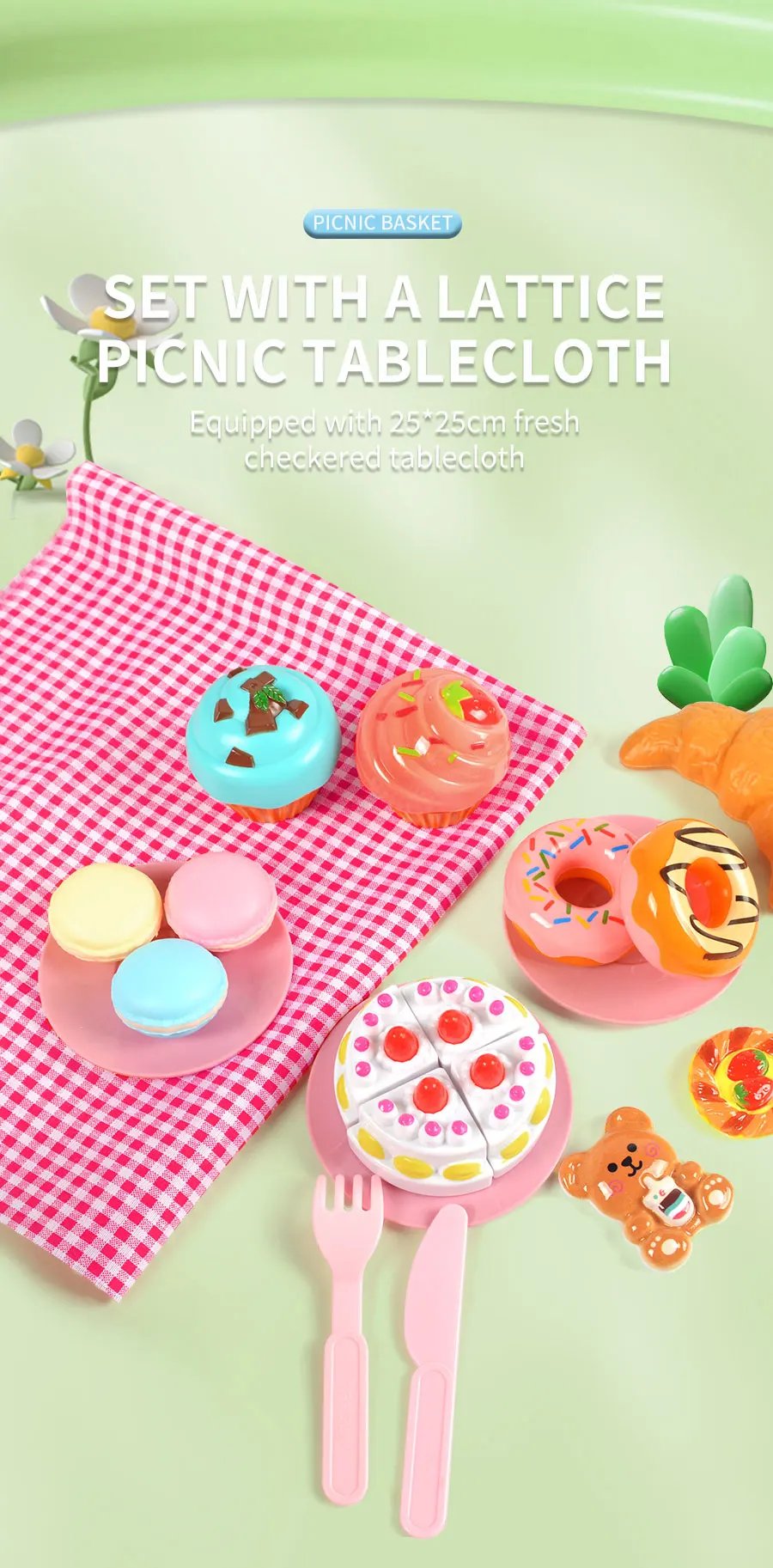 The little girl pretends to play with a picnic basket, tea party set, tea set including coffee machine, cookies, cake, game food