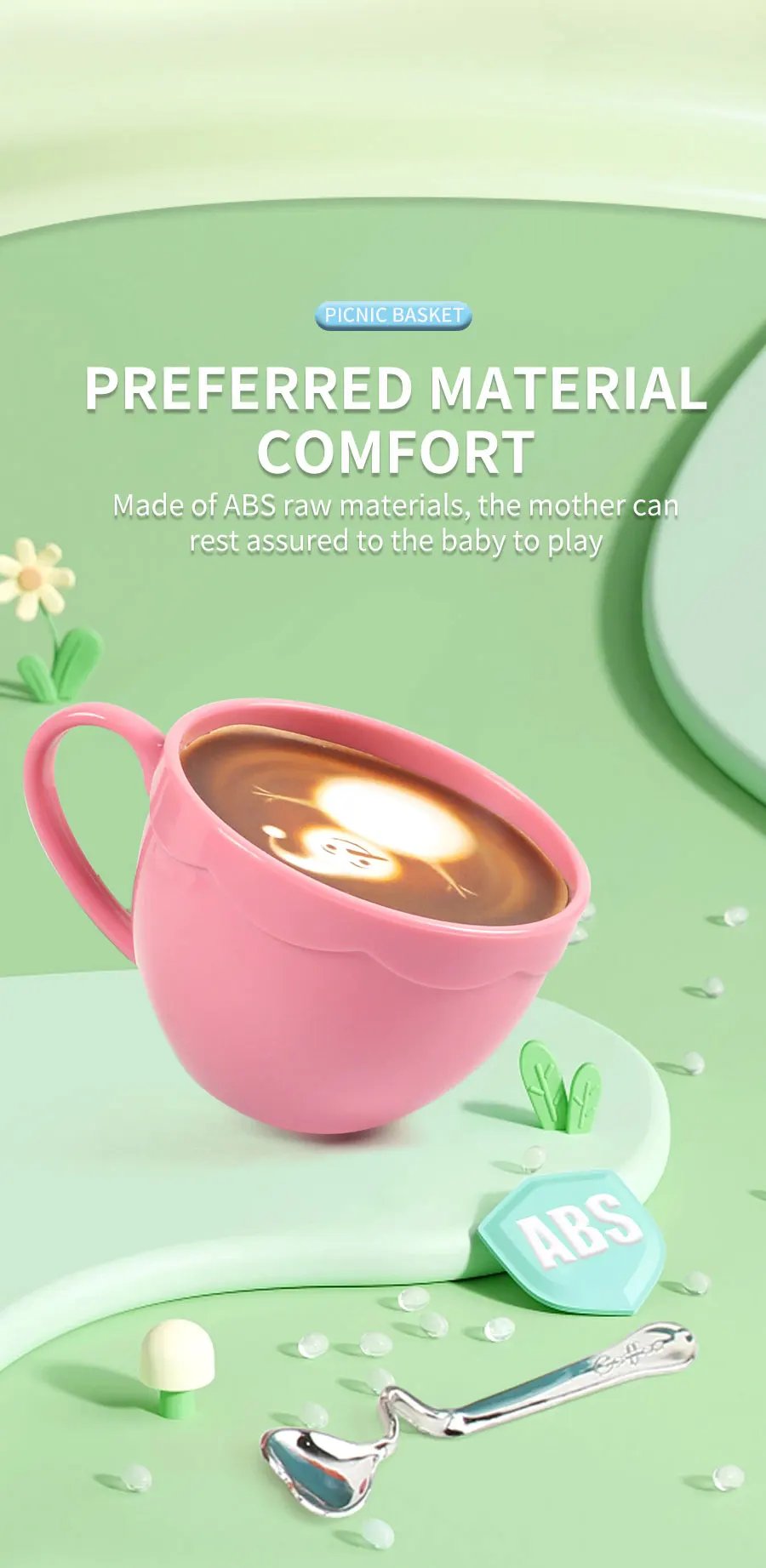 The little girl pretends to play with a picnic basket, tea party set, tea set including coffee machine, cookies, cake, game food