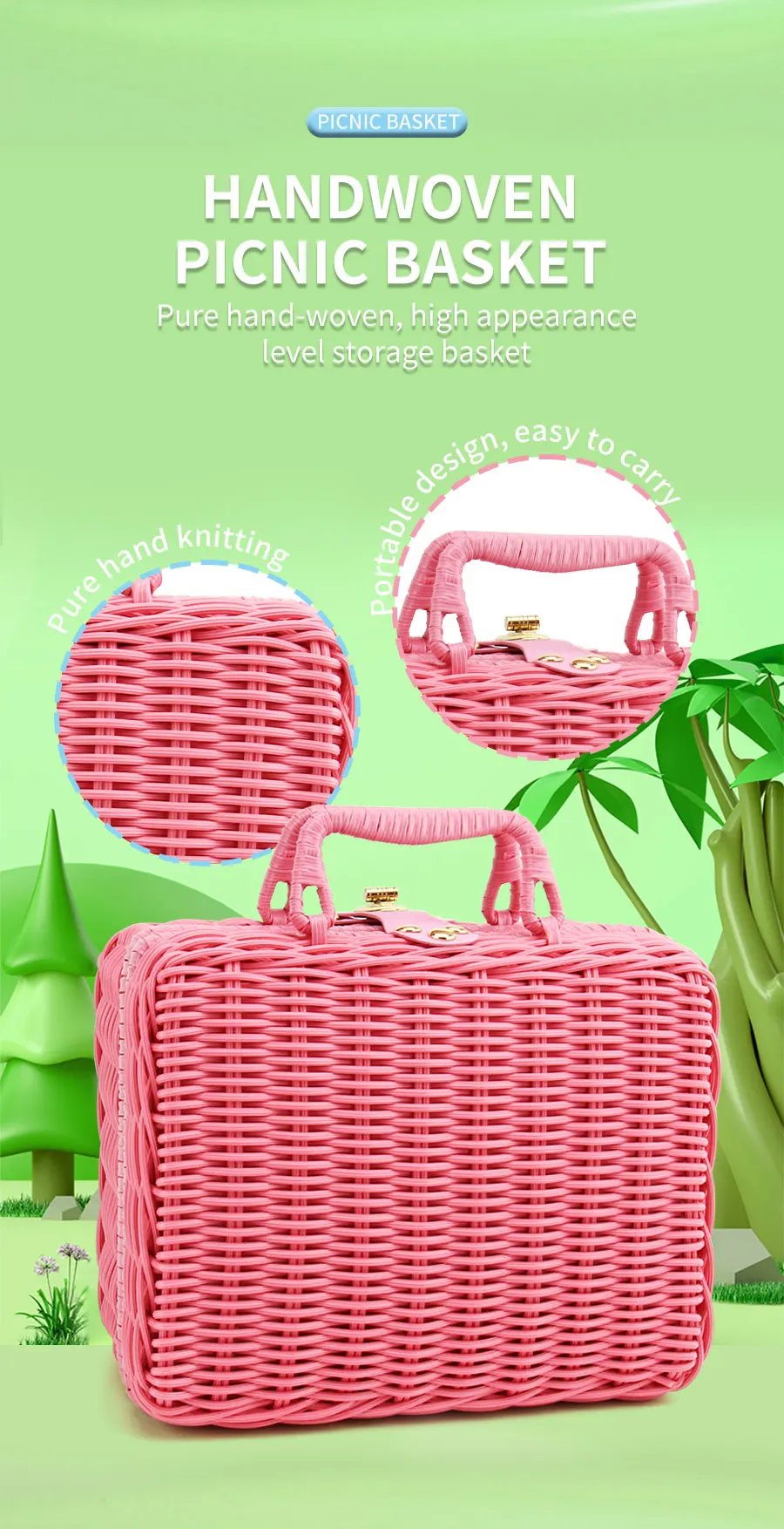 The little girl pretends to play with a picnic basket, tea party set, tea set including coffee machine, cookies, cake, game food