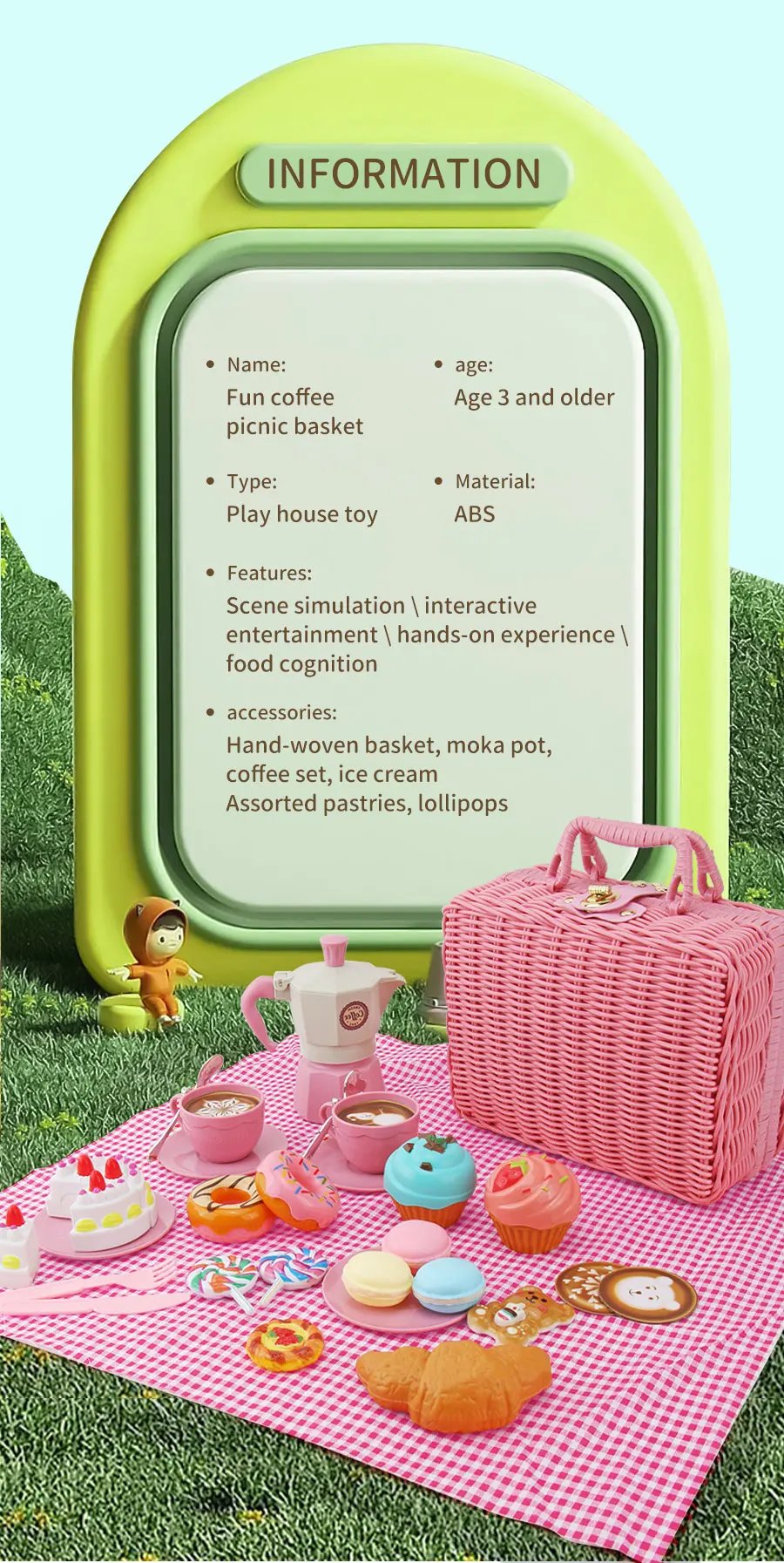 The little girl pretends to play with a picnic basket, tea party set, tea set including coffee machine, cookies, cake, game food