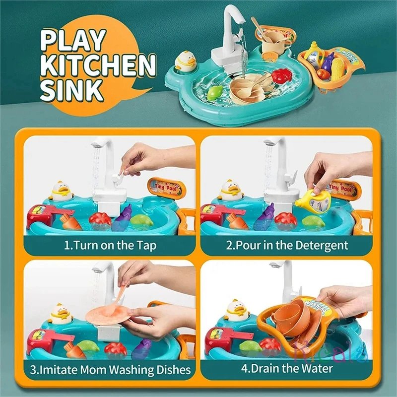 Kids Kitchen Sink Toy Set With Electric Faucet Fishing Game Floating Tracks Children's Role-Playing Dishwasher Cleaning Toy
