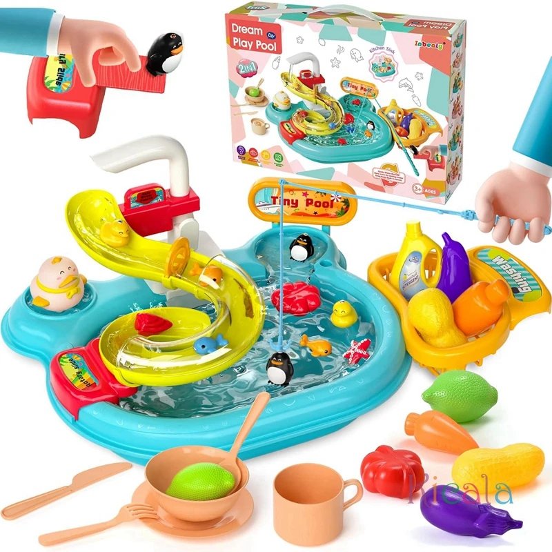 Kids Kitchen Sink Toy Set With Electric Faucet Fishing Game Floating Tracks Children's Role-Playing Dishwasher Cleaning Toy