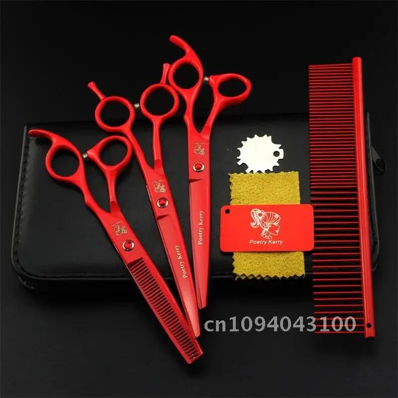 7.0 Inch Professional Pet Scissors For Dog Grooming Dogs Shears Curved &Thinning 4pcs & Hair Straight Set Scissors +Comb Cutter