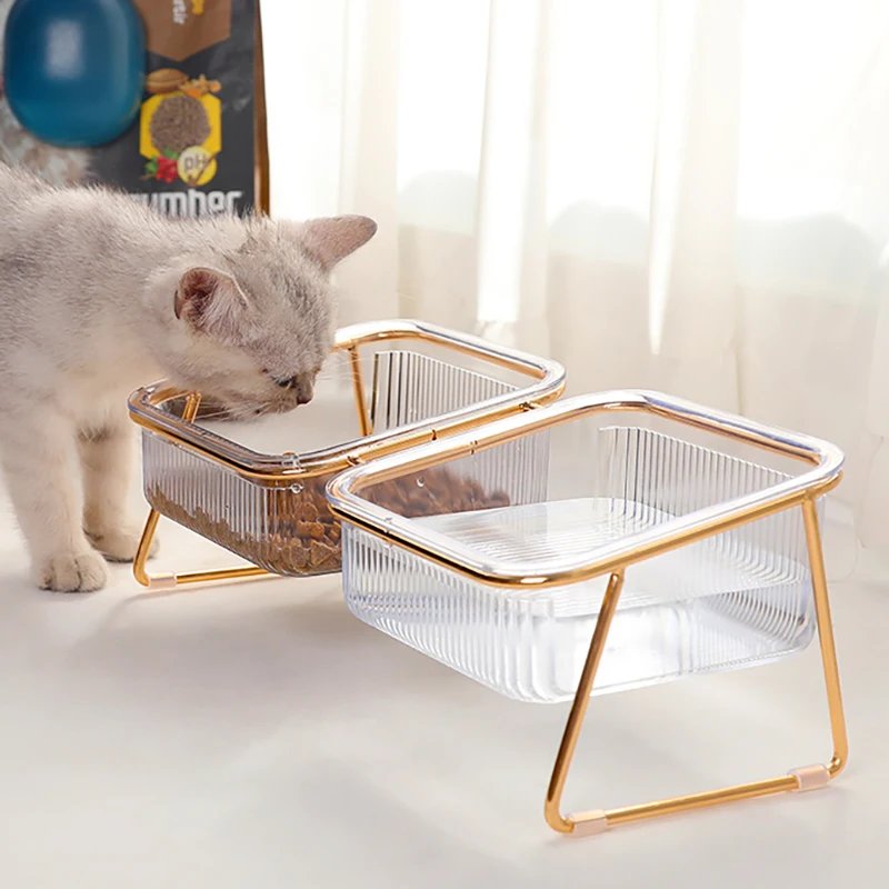 Pet Double Bowl Transparent High Foot Cat Bowl Drink water Cat Food With Golden Stand Raised Water Feeder Dog Bowl Supplies Pet Double Bowl Transparent High Foot Cat Bowl Drink water Cat Food With Golden Stand Raised Water Feeder Dog Bowl Supplies