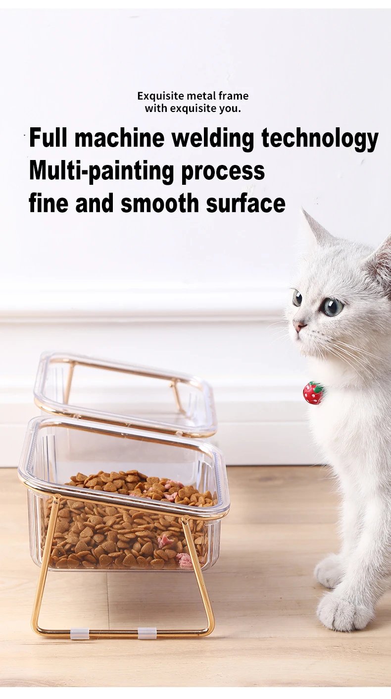 Pet Double Bowl Transparent High Foot Cat Bowl Drink water Cat Food With Golden Stand Raised Water Feeder Dog Bowl Supplies