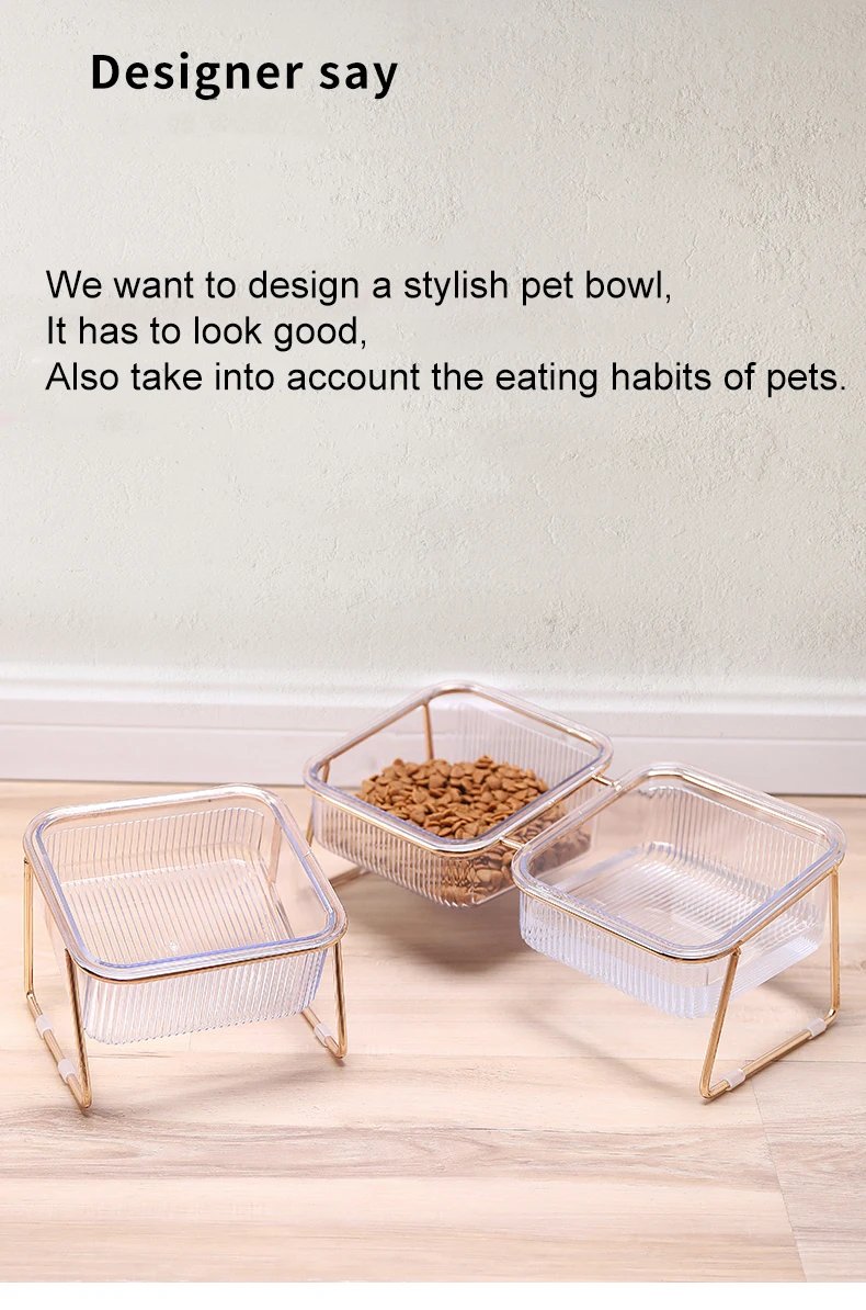 Pet Double Bowl Transparent High Foot Cat Bowl Drink water Cat Food With Golden Stand Raised Water Feeder Dog Bowl Supplies