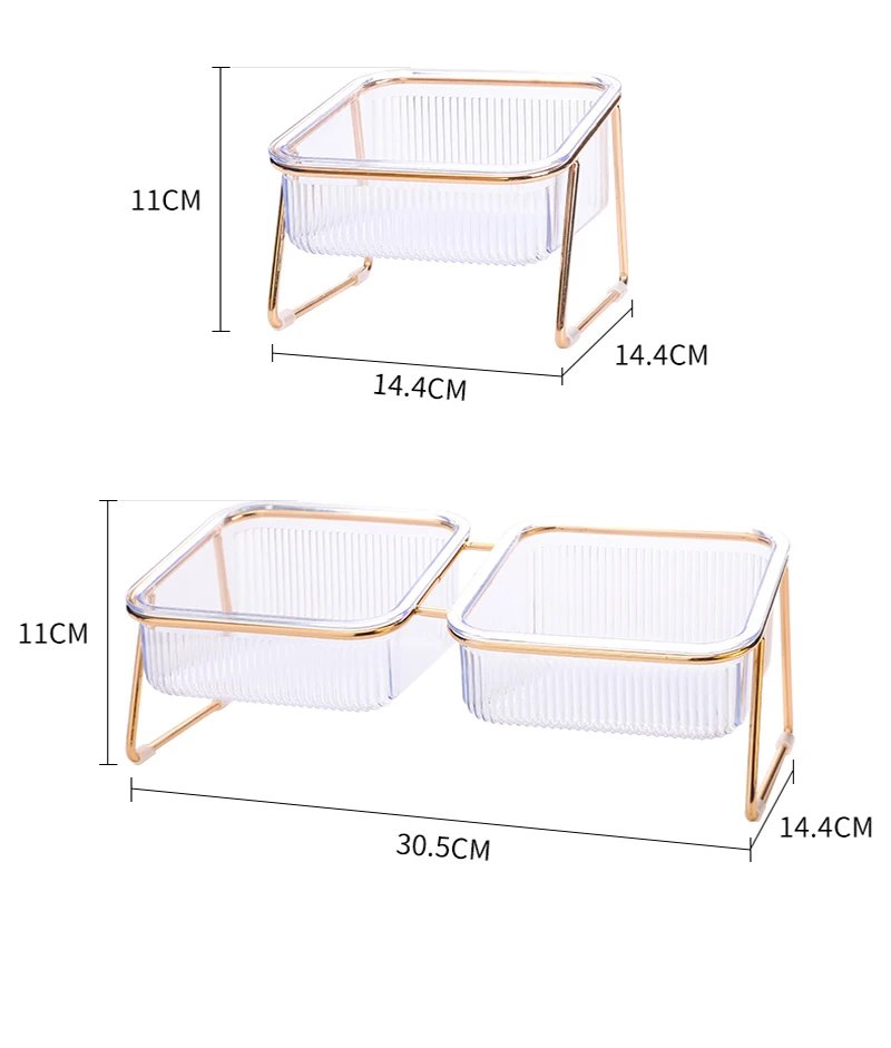 Pet Double Bowl Transparent High Foot Cat Bowl Drink water Cat Food With Golden Stand Raised Water Feeder Dog Bowl Supplies