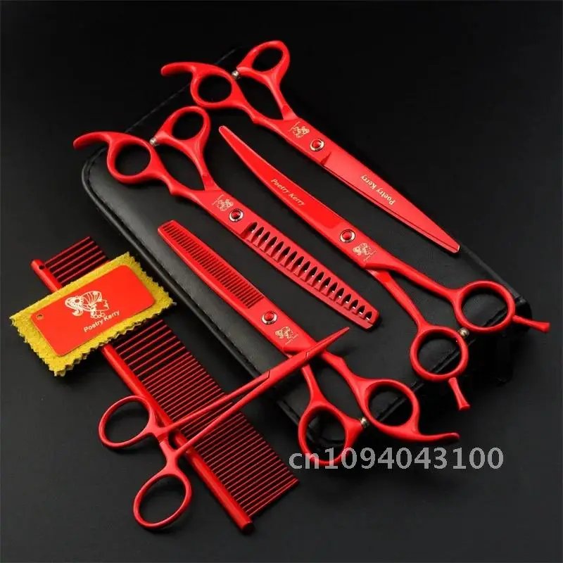 7.0 Inch Professional Pet Scissors For Dog Grooming Dogs Shears Curved &Thinning 4pcs & Hair Straight Set Scissors +Comb Cutter