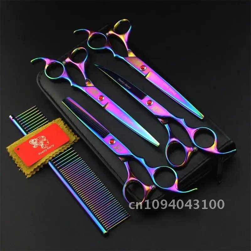 7.0 Inch Professional Pet Scissors For Dog Grooming Dogs Shears Curved &Thinning 4pcs & Hair Straight Set Scissors +Comb Cutter