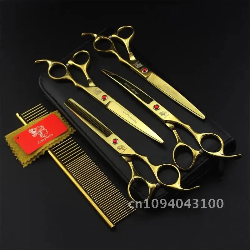 7.0 Inch Professional Pet Scissors For Dog Grooming Dogs Shears Curved &Thinning 4pcs & Hair Straight Set Scissors +Comb Cutter