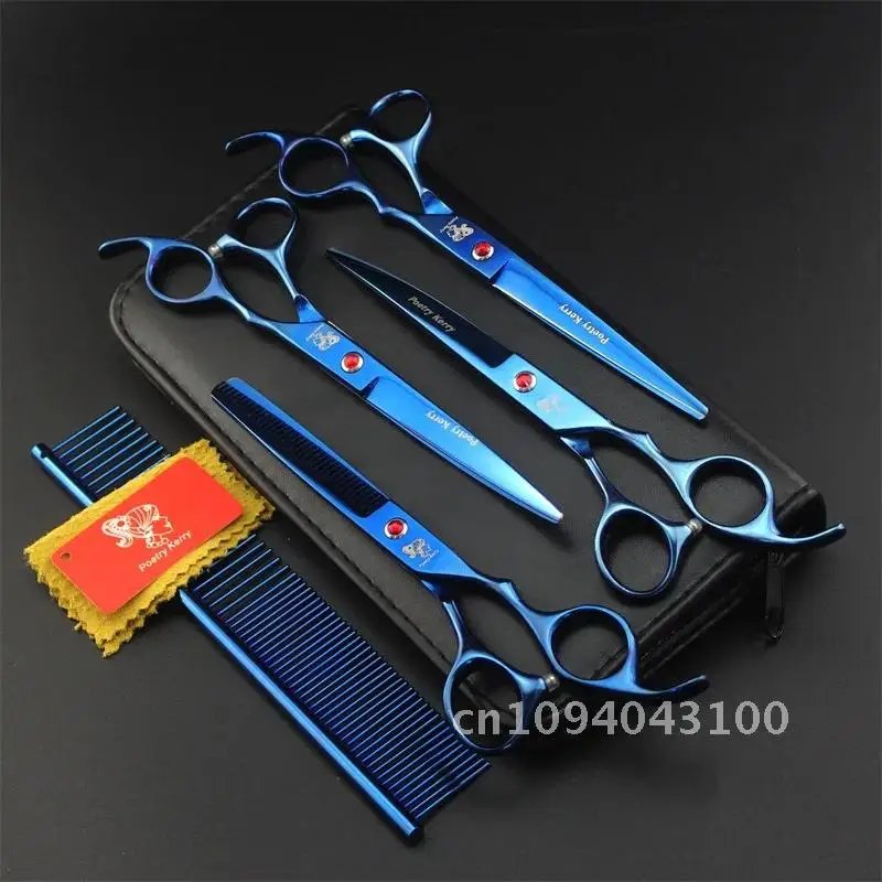 7.0 Inch Professional Pet Scissors For Dog Grooming Dogs Shears Curved &Thinning 4pcs & Hair Straight Set Scissors +Comb Cutter