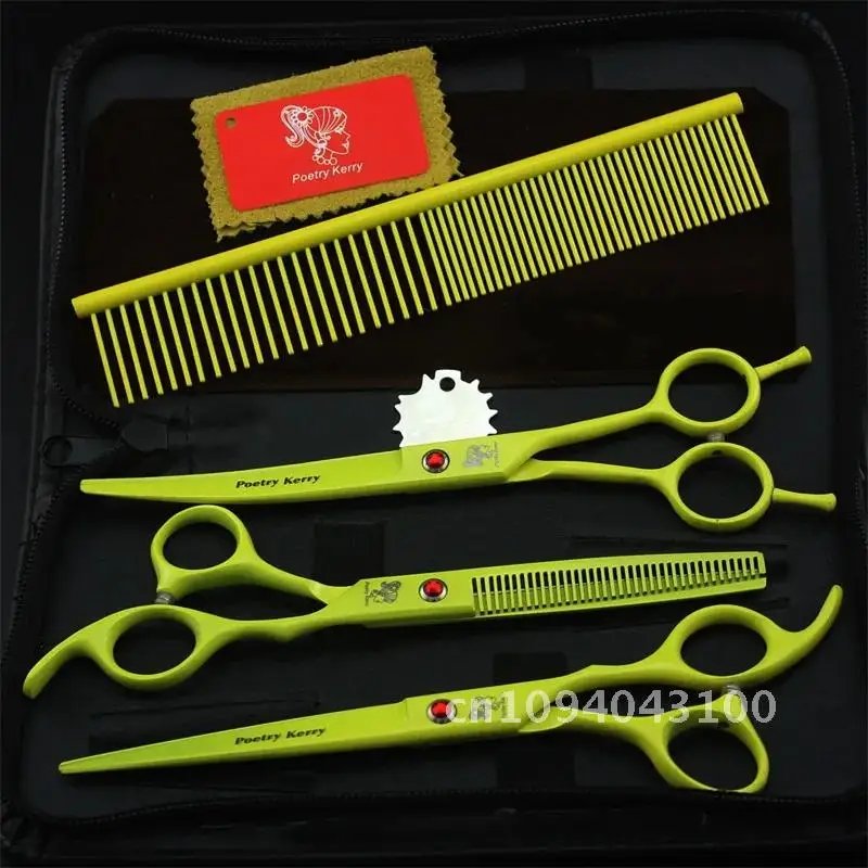 7.0 Inch Professional Pet Scissors For Dog Grooming Dogs Shears Curved &Thinning 4pcs & Hair Straight Set Scissors +Comb Cutter