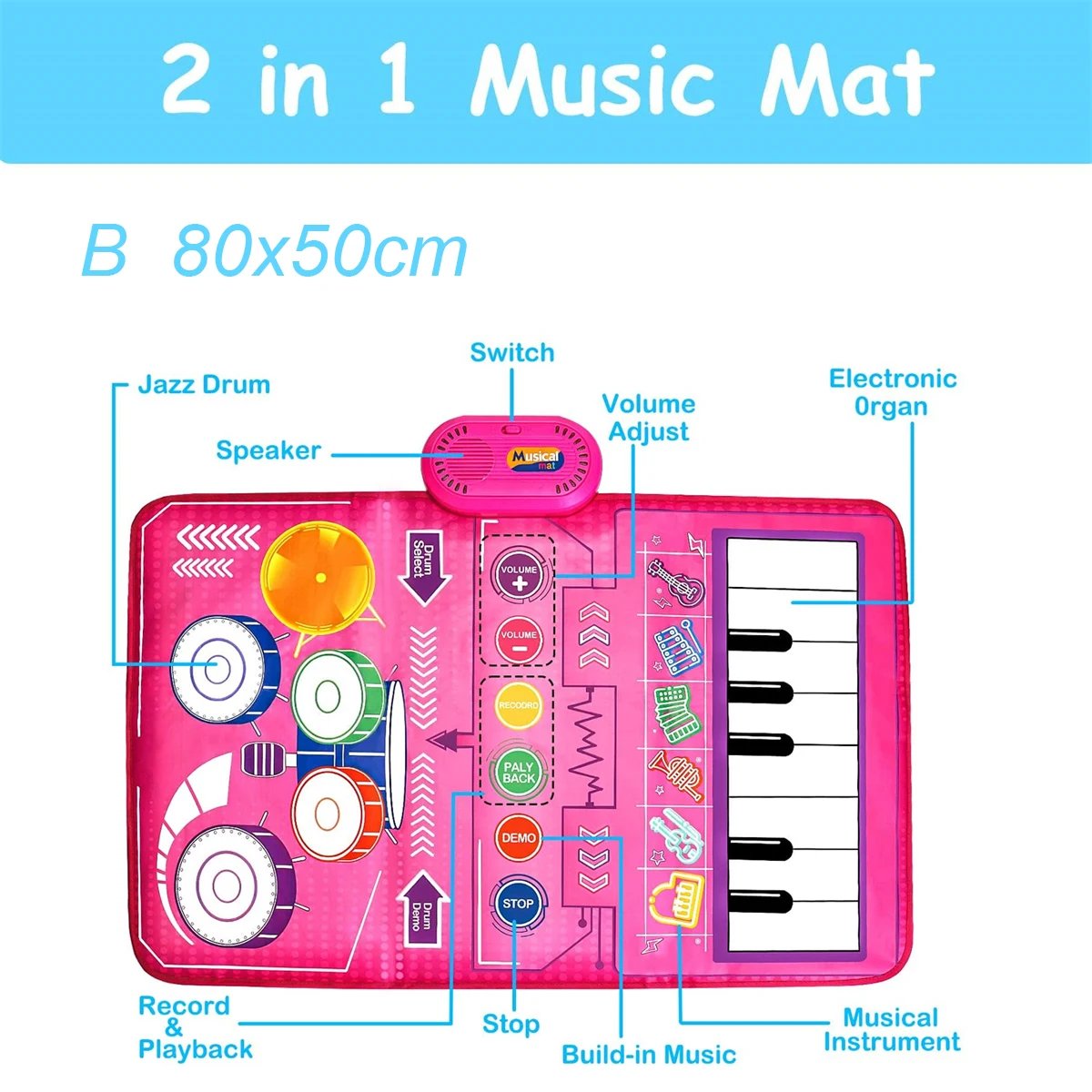 80x50cm Toddler Musical Piano Mat For Children Educational Toys Floor Keyboard Drum Toys Dance Mat With Instruments Sounds Toys