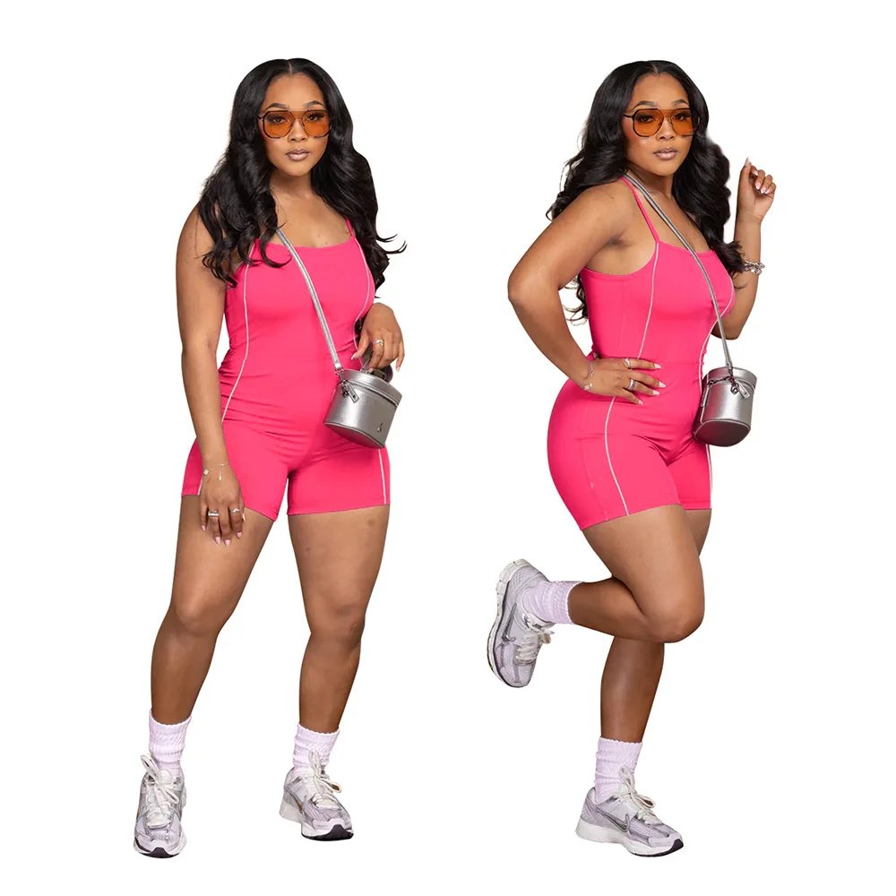 CM.YAYA Women Active Striped Sleeveless Strap Romper and Playsuit 2025 Summer Sporty Night Club Chic One Piece Suit Jumpsuit