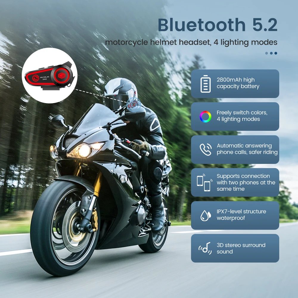 GEARELEC DK02 Motorcycle Helmet Headset Stereo Bluetooth Hands Free Call IPX7 Waterproof 2800mAh With Tri-Color Ambient Light GEARELEC DK02 Motorcycle Helmet Headset Stereo Bluetooth Hands Free Call IPX7 Waterproof 2800mAh With Tri-Color Ambient Light