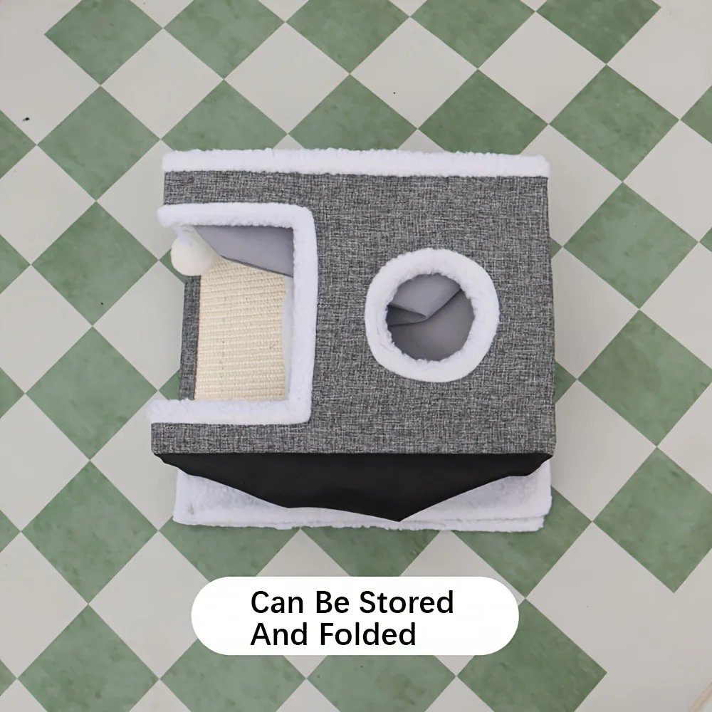 Luxury Double-Layered Cat Bed - All-Season Enclosed Nest with Sisal Scratching Board & Non-Slip Base, Includes Mat - Grey