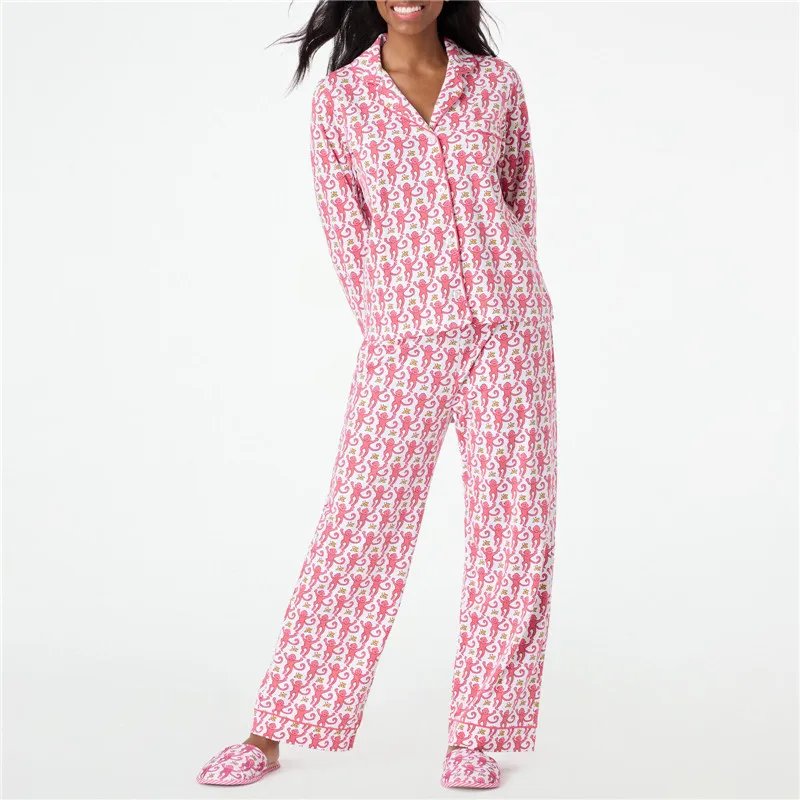 Roller Rabbit Monkey Pajamas Preppy Pjs Cute Pj Pants Sets For Women Y2k Long Sleeve Pajamas Set 2 Piece Loungewear