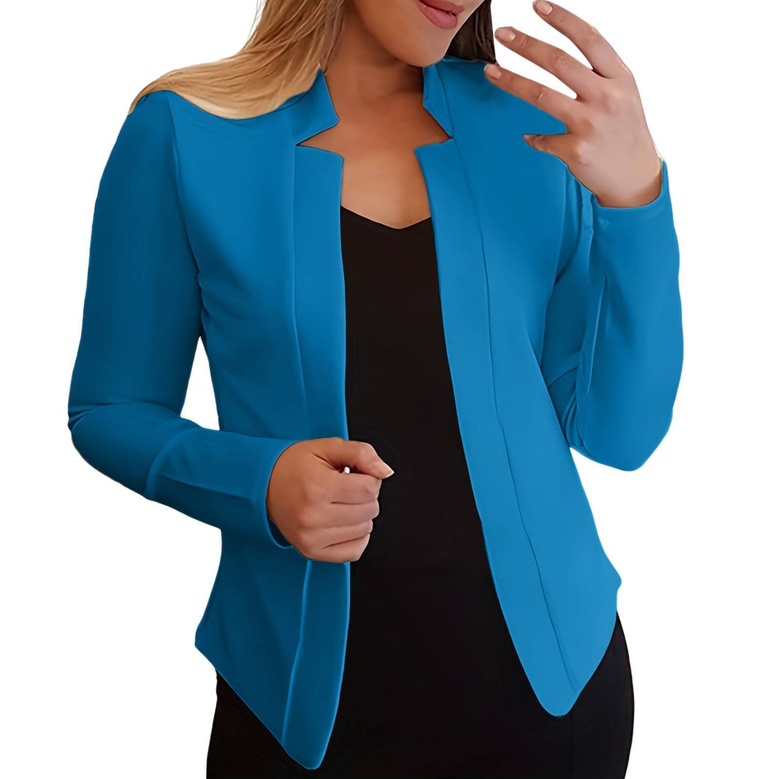 Solid Open Front Elegant Suit Jacket Woman Long Sleeve Work Office Outerwear Notched Neck Slim Cropped Women'S Jacket 2023