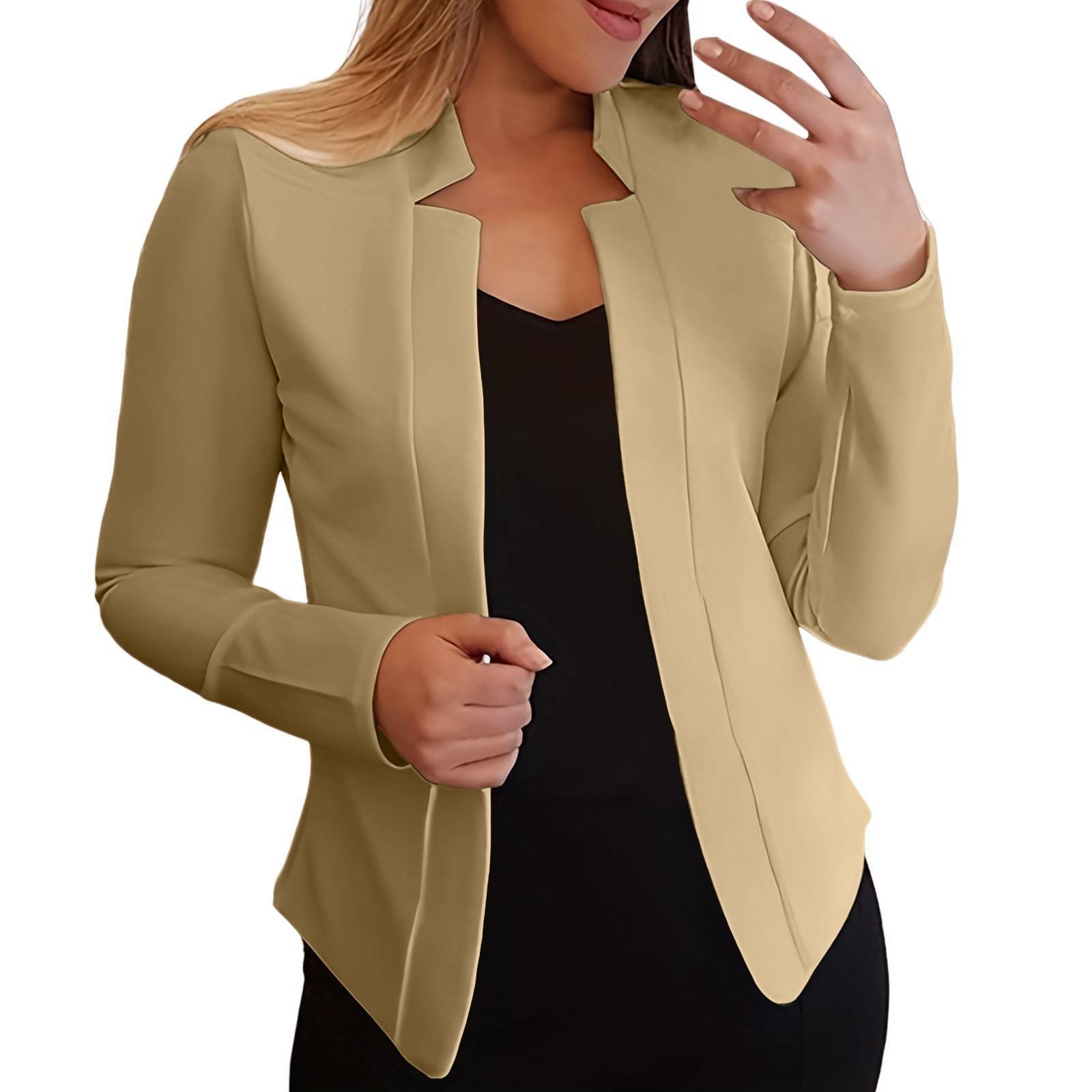 Solid Open Front Elegant Suit Jacket Woman Long Sleeve Work Office Outerwear Notched Neck Slim Cropped Women'S Jacket 2023