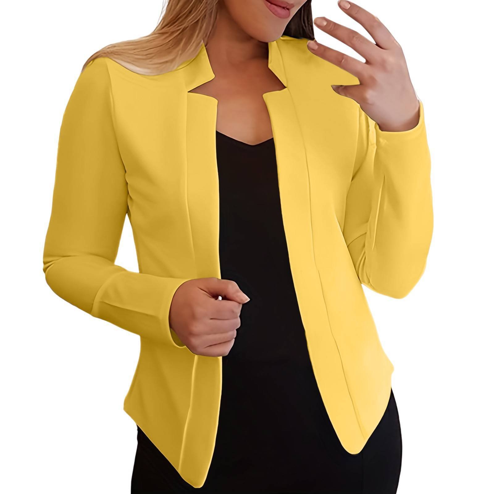 Solid Open Front Elegant Suit Jacket Woman Long Sleeve Work Office Outerwear Notched Neck Slim Cropped Women'S Jacket 2023