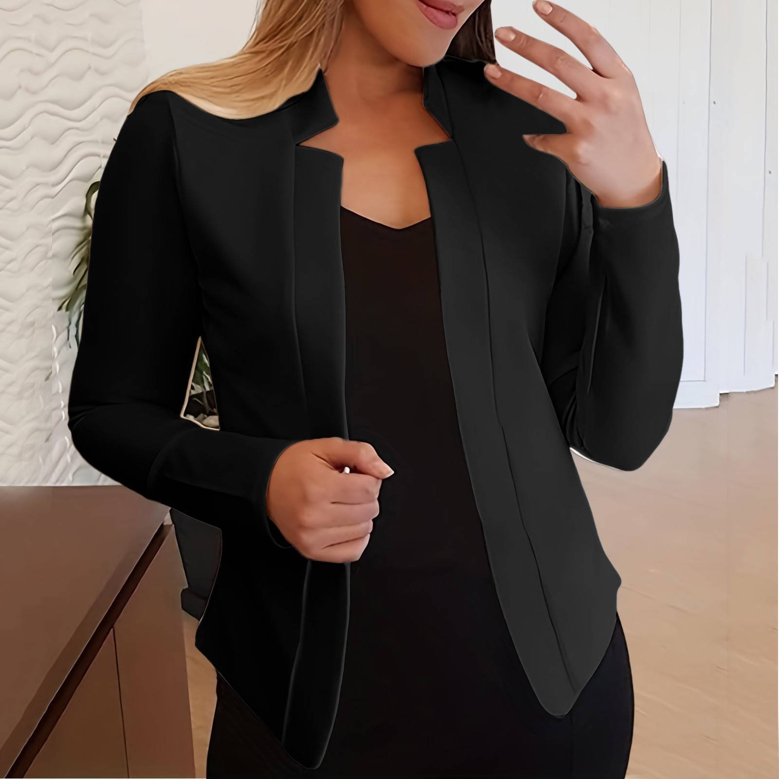 Solid Open Front Elegant Suit Jacket Woman Long Sleeve Work Office Outerwear Notched Neck Slim Cropped Women'S Jacket 2023